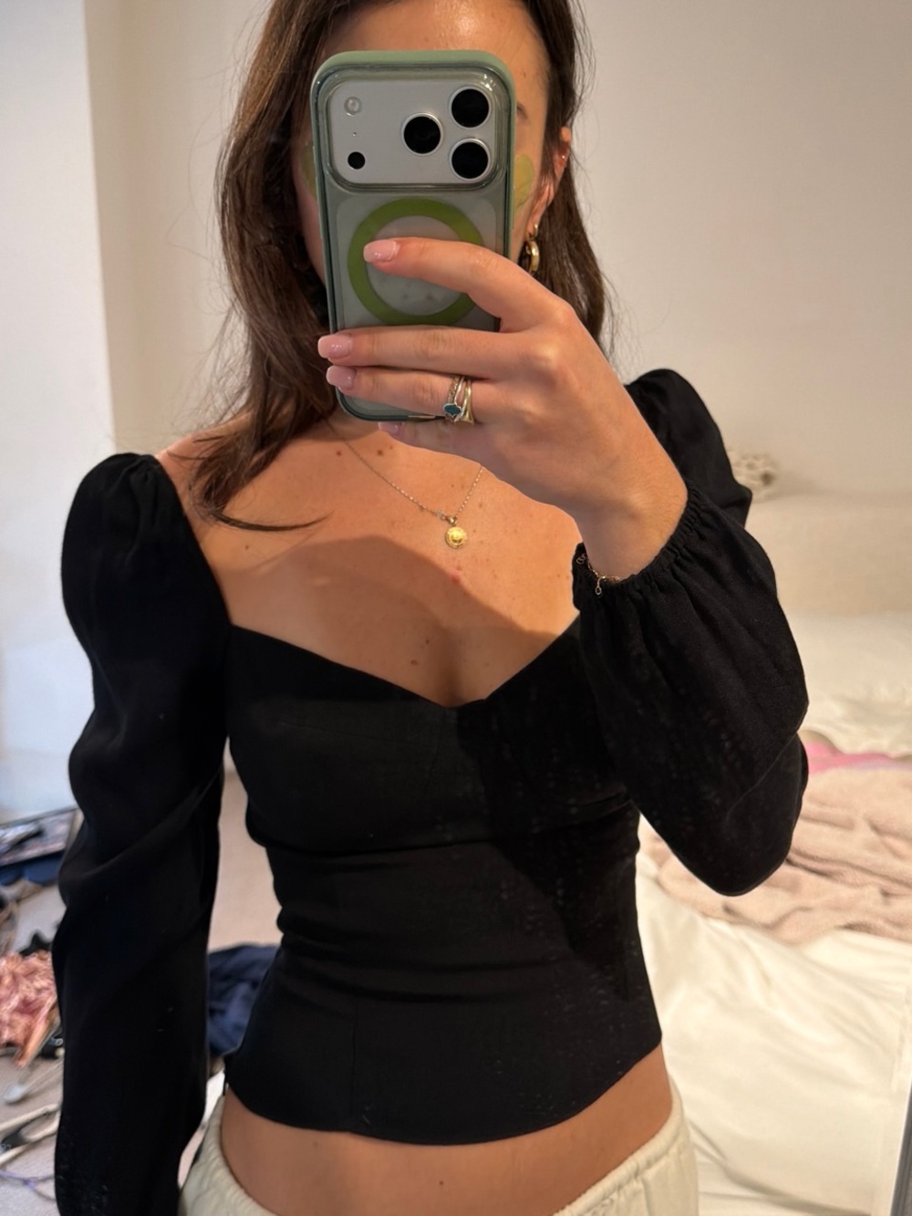 Reformation Black Sweetheart Long-Sleeve Puff Top
